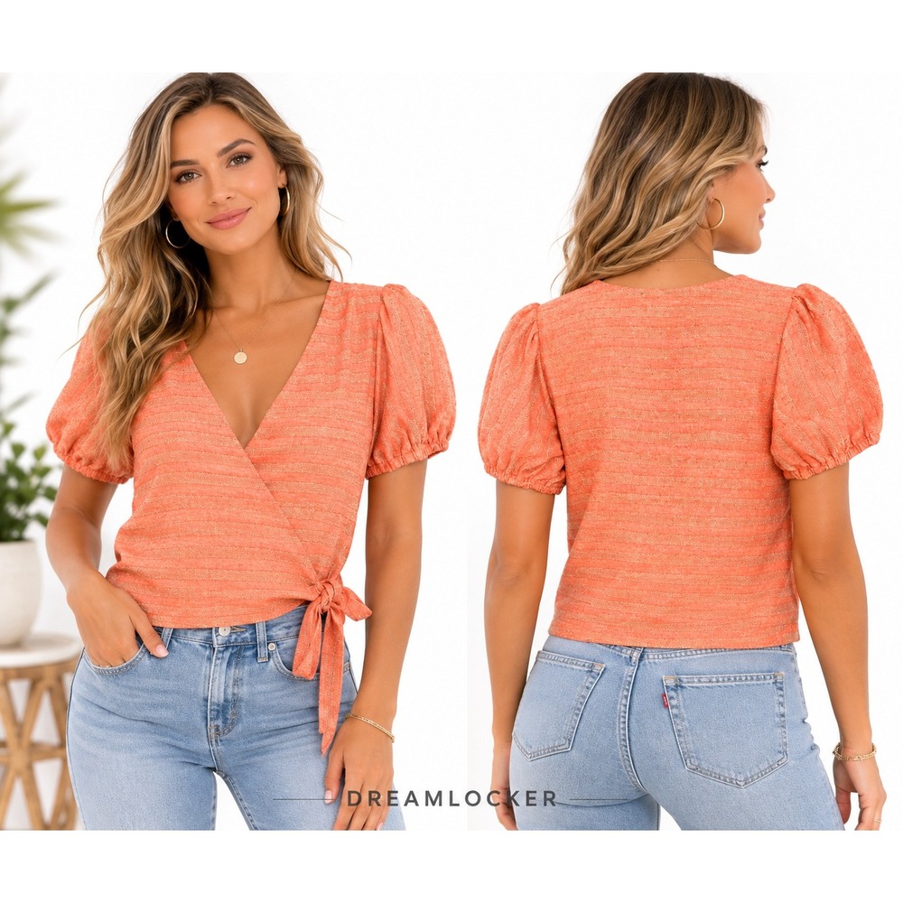 Line and Dot REVOLVE Top Small Zoe Wrap Linen Blend‎ Puff Sleeve V-Neck Orange
